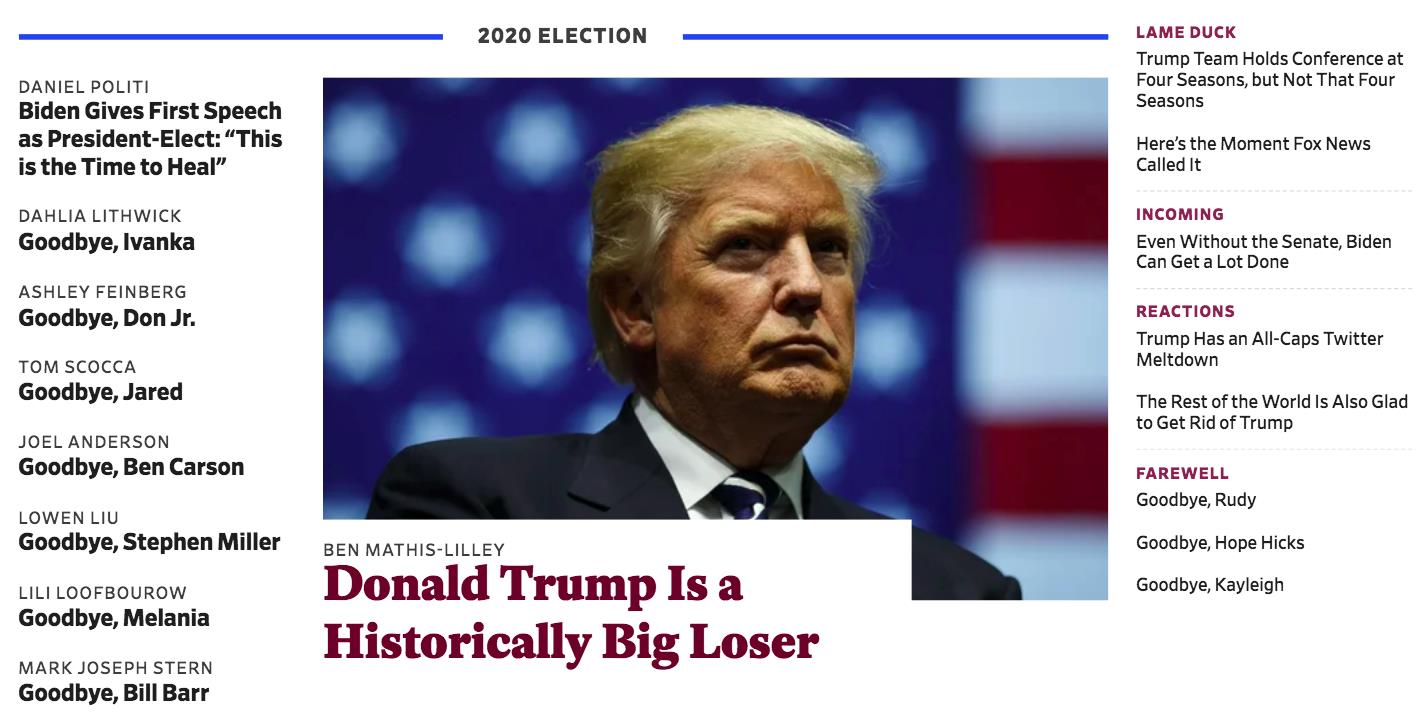 Tạp chí Mỹ dành nguyên trang nhất để 'tạm biệt' Tổng thống Donald Trump - Ảnh 1.