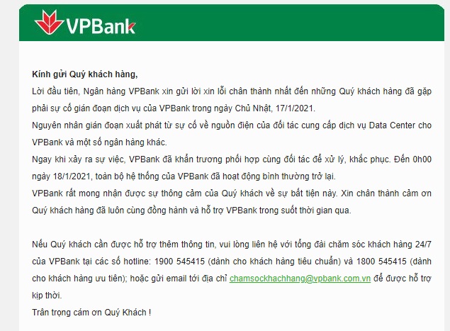 Thêm VPBank thông báo đã khắc phục xong sự cố gián đoạn dịch vụ - Ảnh 1.