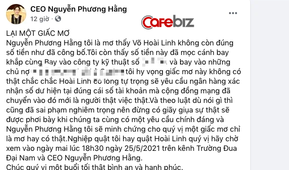 Bà Nguyễn Phương Hằng lại tuyên bố vừa “nằm mơ” thấy số tiền trong tài khoản từ thiện của NS Hoài Linh không như công bố, đã “mọc cánh” bay đi? - Ảnh 1. Bà Nguyễn Phương Hằng lại tuyên bố vừa “nằm mơ” thấy số tiền trong tài khoản từ thiện của NS Hoài Linh không như công bố, đã “mọc cánh” bay đi? - Ảnh 1.