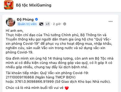 Độ Mixi ủng hộ 14 tháng lương vào quỹ vắc-xin phòng chống Covid-19 - Ảnh 1. Độ Mixi ủng hộ 14 tháng lương vào quỹ vắc-xin phòng chống Covid-19 - Ảnh 1.