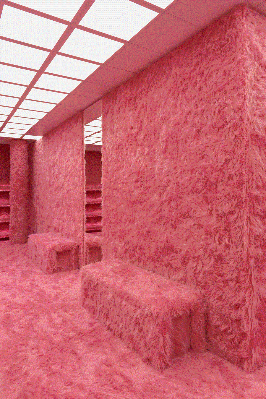 Cửa hàng siêu vật lý phủ kín lông thú giả màu hồng của Balenciaga.