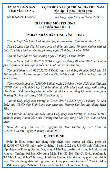 Vĩnh Long: Điều chỉnh nội dung cấp phép môi trường của Trường ĐH Xây dựng Miền Tây- Ảnh 2.