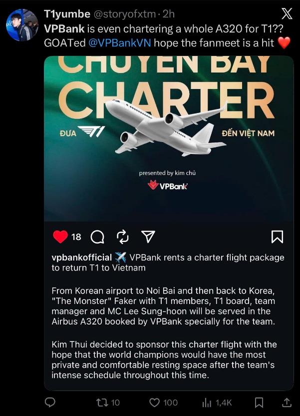 “Kim chủ” VPBank thuê hẳn chuyến bay charter đưa T1 và Faker đến Việt Nam- Ảnh 3. “Kim chủ” VPBank thuê hẳn chuyến bay charter đưa T1 và Faker đến Việt Nam- Ảnh 3.