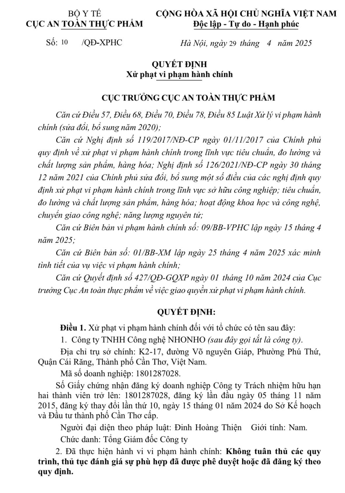 Cục An toàn thực phẩm xử phạt Công ty TNHH Công nghệ NHONHO về kiểm nghiệm sản phẩm- Ảnh 1. Cục An toàn thực phẩm xử phạt Công ty TNHH Công nghệ NHONHO về kiểm nghiệm sản phẩm- Ảnh 1.