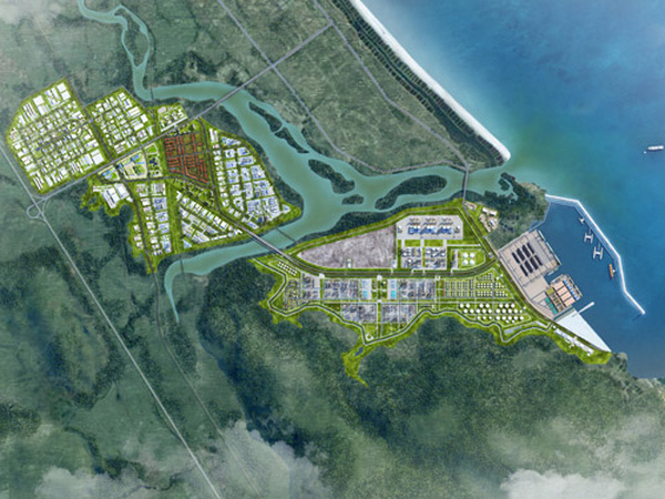 Đắk Lắk: Chấp thuận chủ trương đầu tư Dự án bến cảng Bãi Gốc- Ảnh 1. Phối cảnh tổng thể KCN Hòa Tâm và cảng biển nước sâu Bãi Gốc.