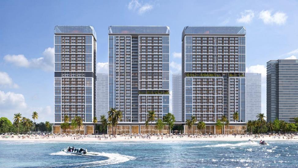 A group of tall buildings on a beach  AI-generated content may be incorrect.