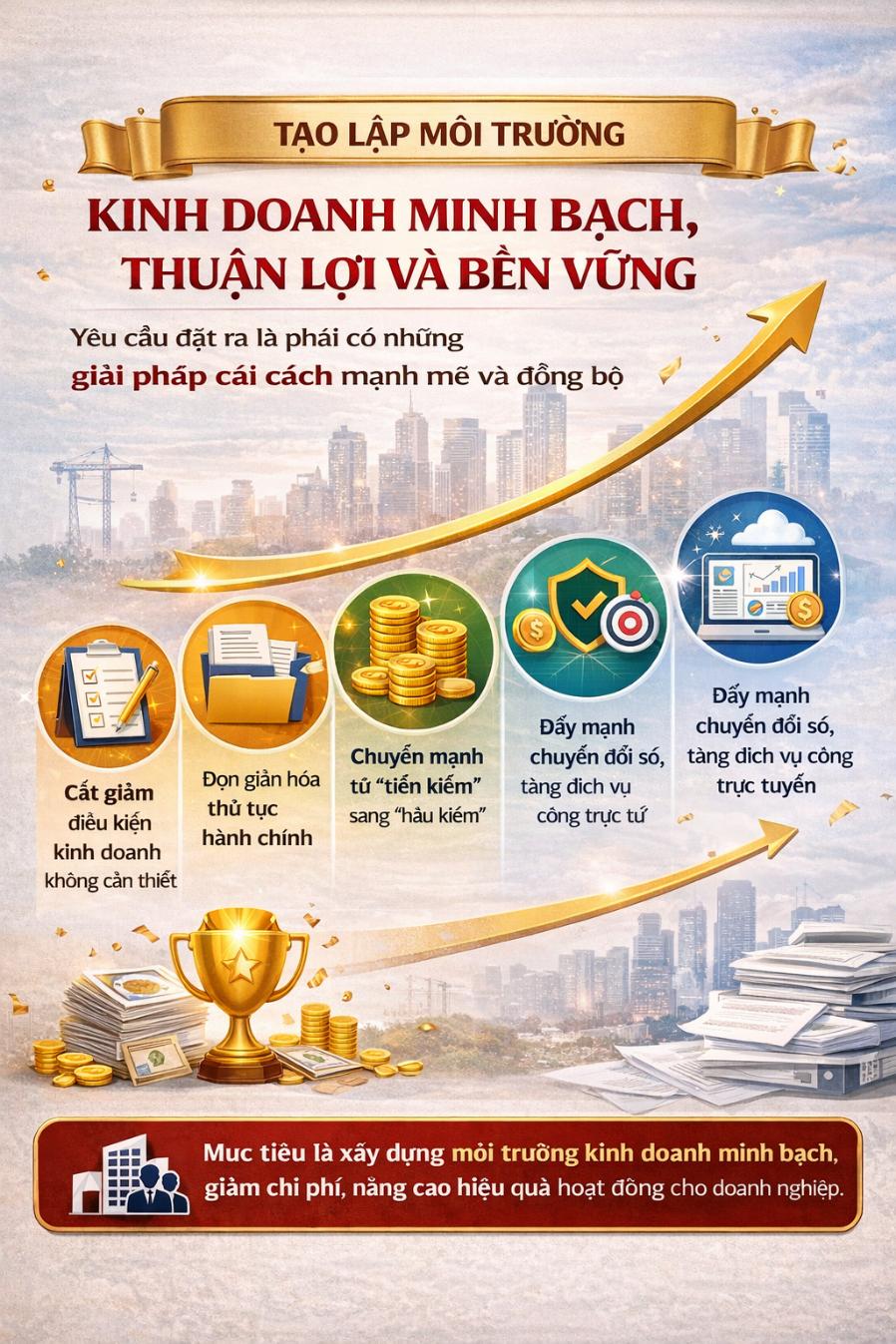 Tháo gỡ rào cản, tạo thuận lợi cho doanh nghiệp- Ảnh 2. A poster with text and images of gold coins and a trophy AI-generated content may be incorrect.
