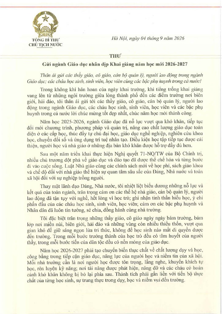 Thư của Tổng Bí thư, Chủ tịch nước Tô Lâm gửi ngành giáo dục dịp Khai giảng năm học mới 2026-2027- Ảnh 1.