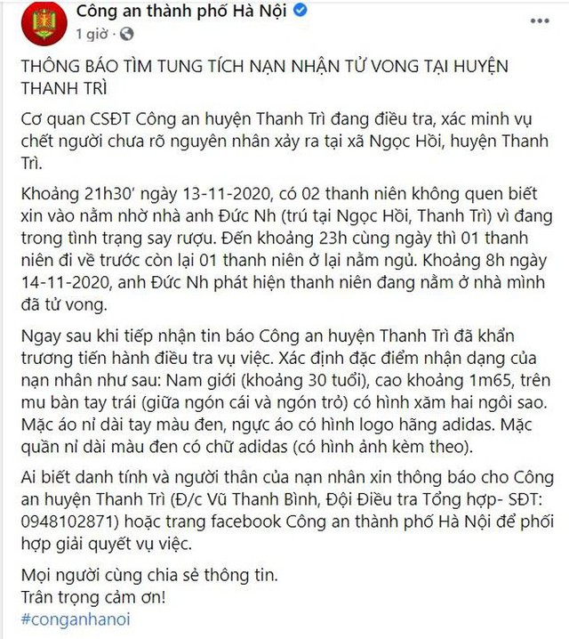 Bài đăng trên FB Công an thành phố Hà Nội.