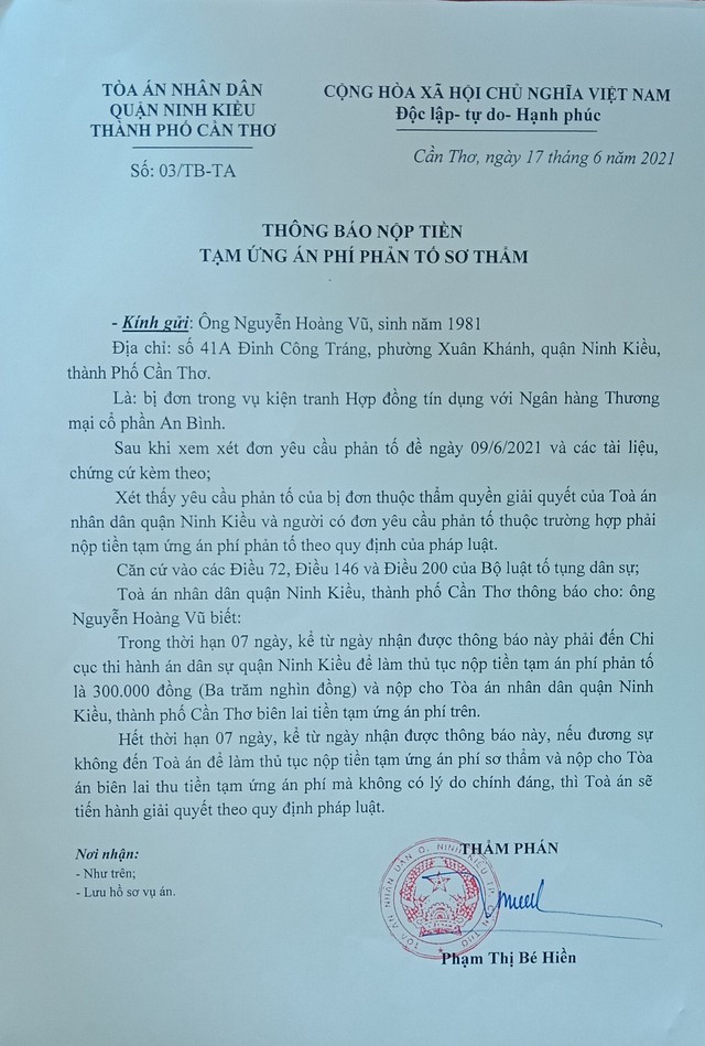 Tòa án Quận Ninh Kiều đã thụ lý đơn phản tố sơ thẩm của ông Nguyễn Hoàng Vũ.