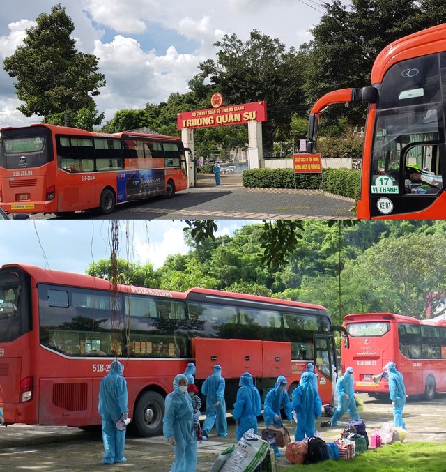 Đoàn xe chở công dân đã về đến Trường Quân sự địa phương (cũ) tại Thị trấn Óc Eo, huyện Thoại Sơn, nơi đoàn sẽ cách ly 14 ngày