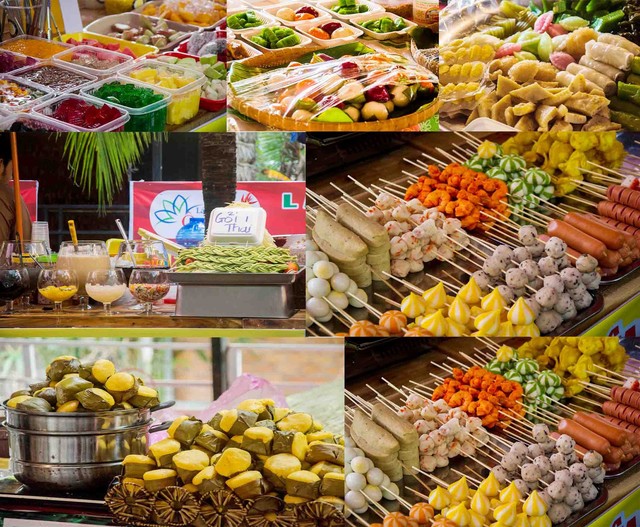 Nhiều món bánh dân gian đa sắc màu, bắt mắt thu hút nhiều du khách tham quan thưởng thức.