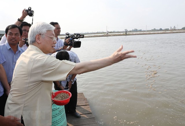 Tổng Bí thư Nguyễn Phú Trọng thăm vùng nuôi cá tra công nghệ cao của công ty TNHH phát triển Lộc Kim Chi. Nguồn: TTXVN