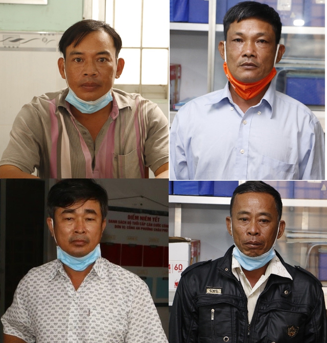4 đối tượng Trần Văn Thạnh, Đỗ Văn Hải, Nguyễn Thanh Sơn, Cao Quốc Đạt (từ trái qua, từ trên xuống) tại cơ quan công an.