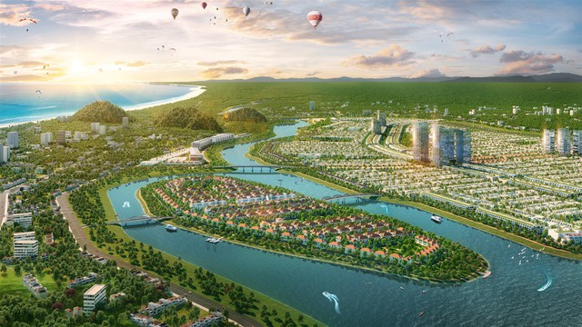 &quot;Thành phố hội nhập&quot; được tạo nên từ 3 mảnh ghép là Sunneva Island, Sun Riverpolis và Khu thương mại dịch vụ Hoàng Trà. Ảnh phối cảnh minh họa