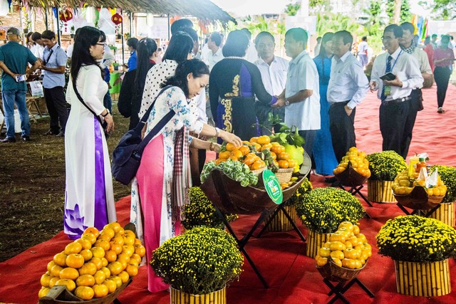 Du khách tham quan sản phẩm Quýt hồng huyện Lai Vung bên trong không gian trưng bày và thương mại các sản phẩm đặc sản, sản phẩm OCOP, sản phẩm địa phương.