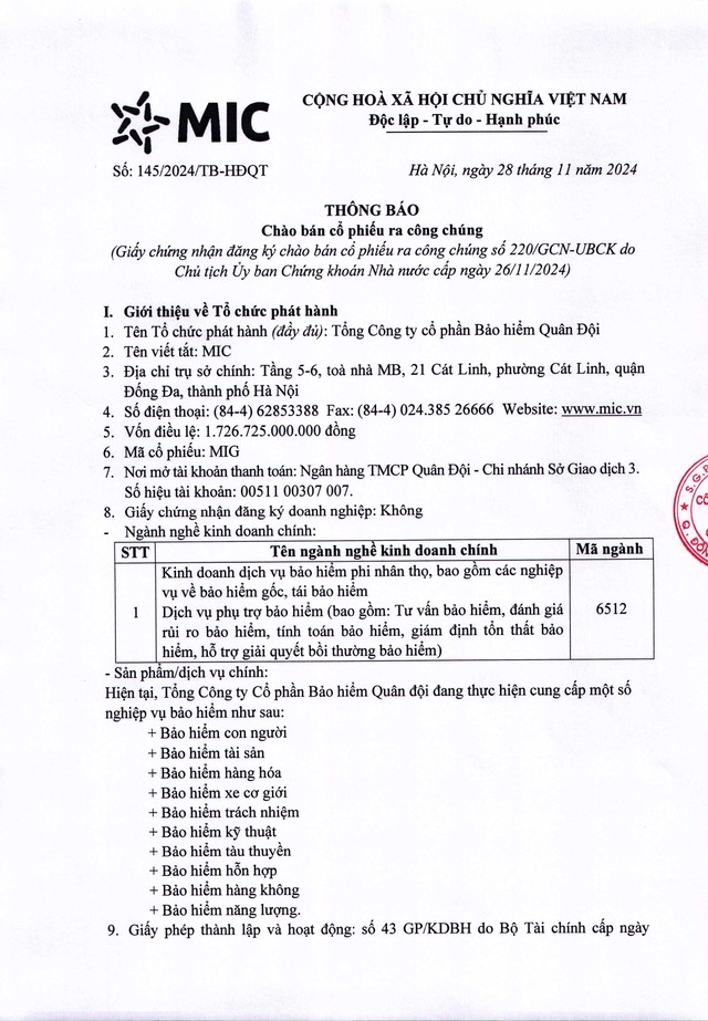 Công ty Cổ phần Bảo hiểm Quân đội (MIC) Thông báo - Bố cáo: Chào bán cổ phiếu ra công chúng- Ảnh 1.