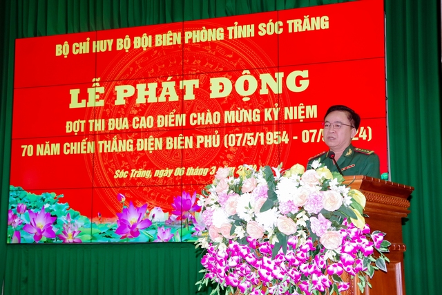 Đại tá Nguyễn Trìu Mến, Chính ủy BĐBP tỉnh phát biểu tại buổi lễ phát động