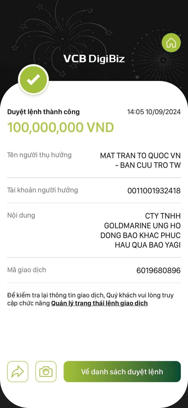 Công ty TNHH Gold Marine ủng hộ đồng bào vùng lũ 100 triệu đồng