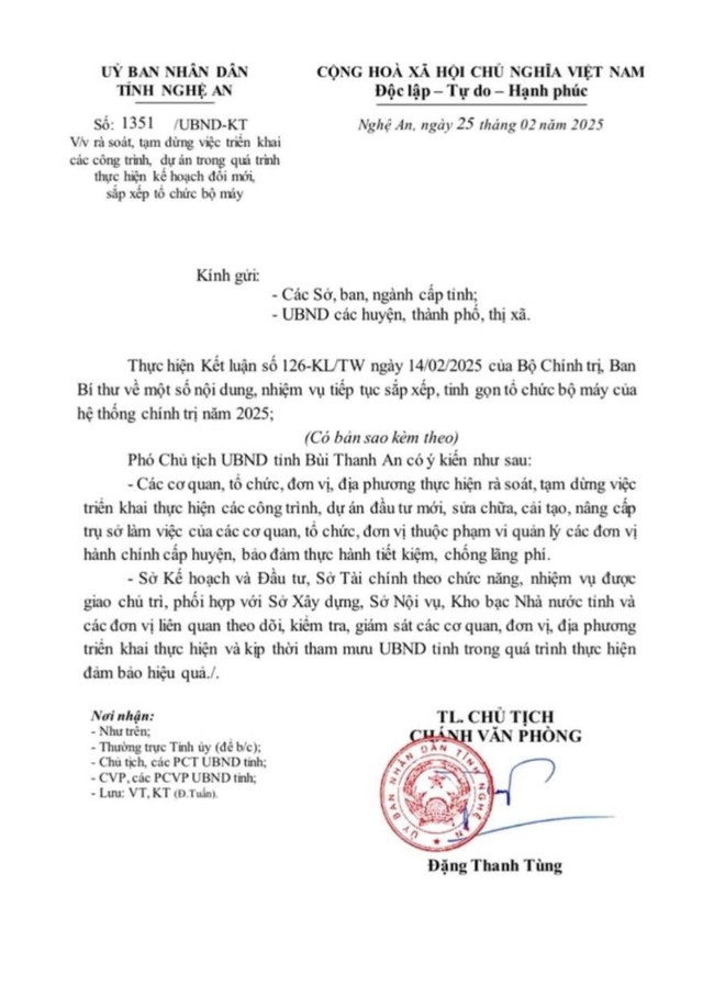 Nghệ An: Tạm dừng triển khai các công trình, dự án trong quá trình sắp xếp tổ chức bộ máy- Ảnh 1.