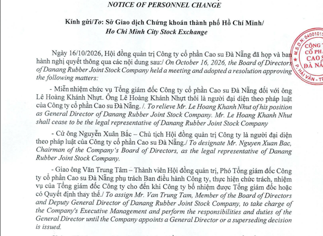 Công ty Cao su Đà Nẵng (DRC) thông báo thay đổi nhân sự Công ty- Ảnh 1.