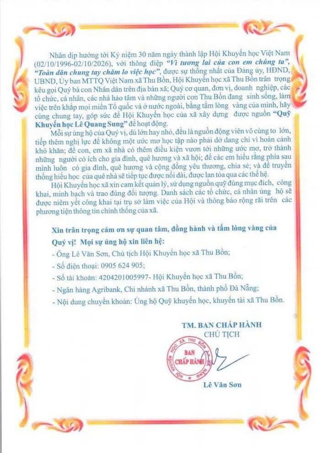 Xã Thu Bồn: Lan tỏa truyền thống hiếu học, chung tay xây dựng Quỹ Khuyến học Lê Quang Sung- Ảnh 7.