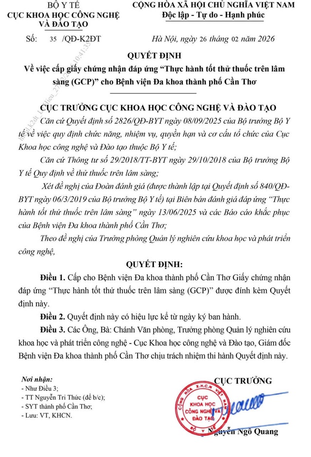 Bệnh viện Đa khoa TP Cần Thơ chính thức nhận Giấy chứng nhận “Thực hành tốt thử thuốc trên lâm sàng”- Ảnh 2.