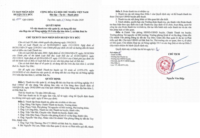 Quyết định thanh tra công tác sử dụng, quản lí đất đai của HTX Nông nghiệp 19-5 do Chủ tịch UBND huyện Tuy Đức kí.
