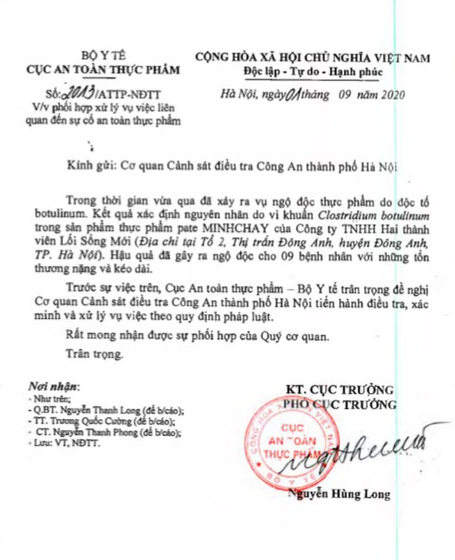 Vụ pate Minh Chay chứa độc tố: Cục An toàn thực phẩm đề nghị Cơ quan Cảnh sát điều tra vào cuộc - Ảnh 1.