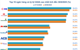 Top 10 ngân hàng có tỷ lệ CASA cao nhất nửa đầu năm 2025